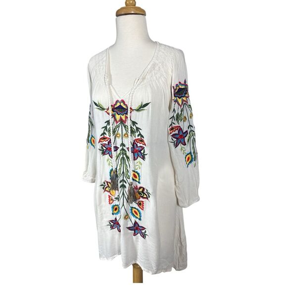 Embroidered Floral BOHO Peasant Tunic Blouse Tassels Sz S - Picture 2 of 6
